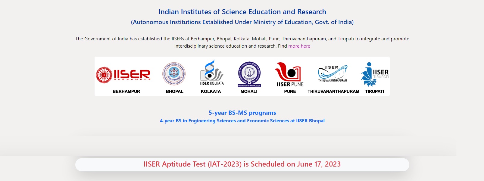 Indian Institutes of Science Education and Research IISER Aptitude Test 2023 (IAT-2023) 